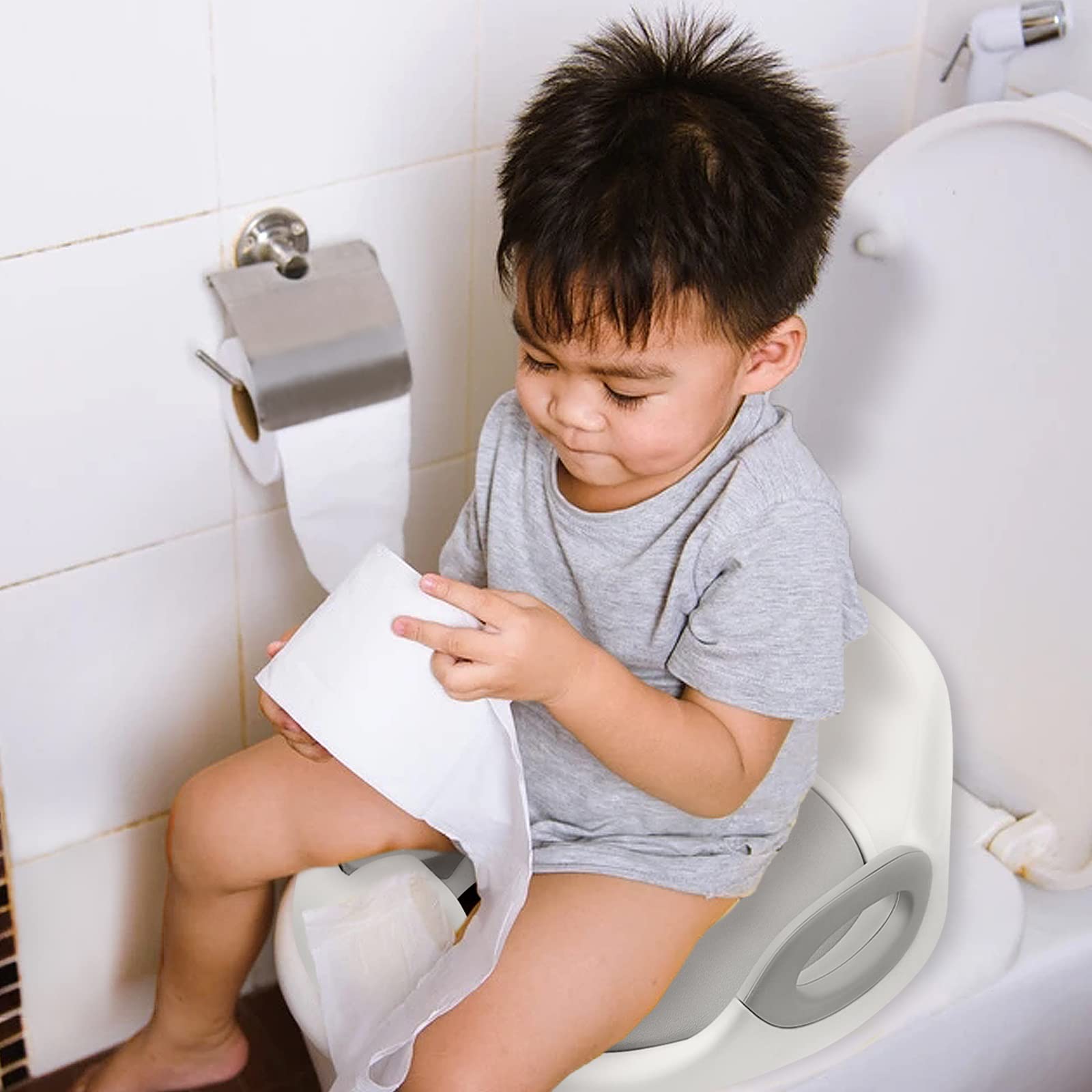 LARS360 Siège de toilette pour enfant de 12 mois à 7 ans – Siège bébé rembourré antidérapant – Poignée et protection anti-éclaboussures (gris)