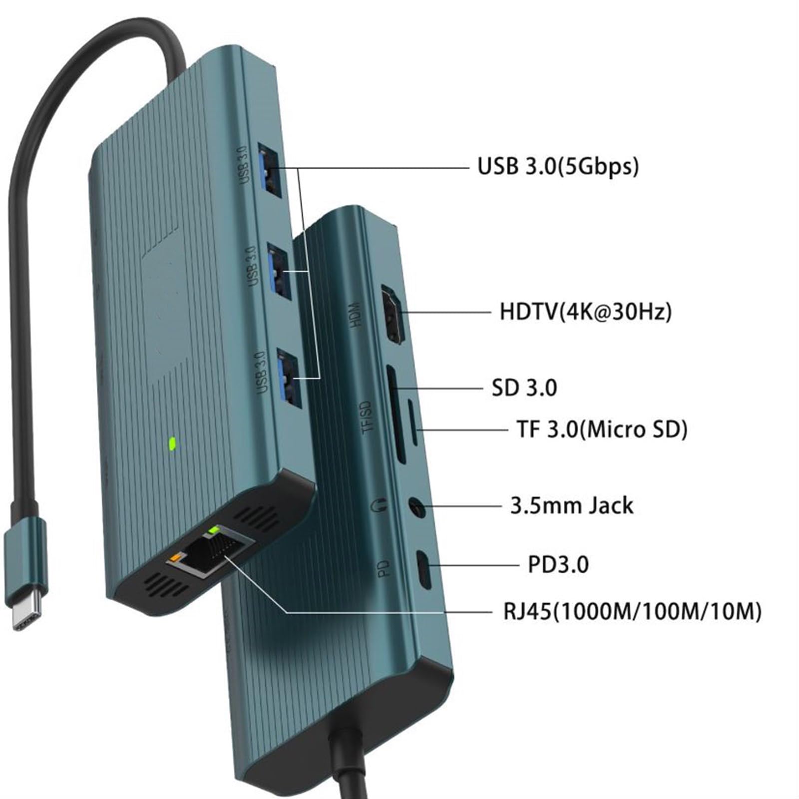 UC961 koncentrator USB C ze stopu aluminium 9 w 1 stacja dokująca z 1000 M Ethernet, 3USB 4K30Hz czytnik kart HDTV 100 W ładowanie PD Hub USB C z wyświetlaczem