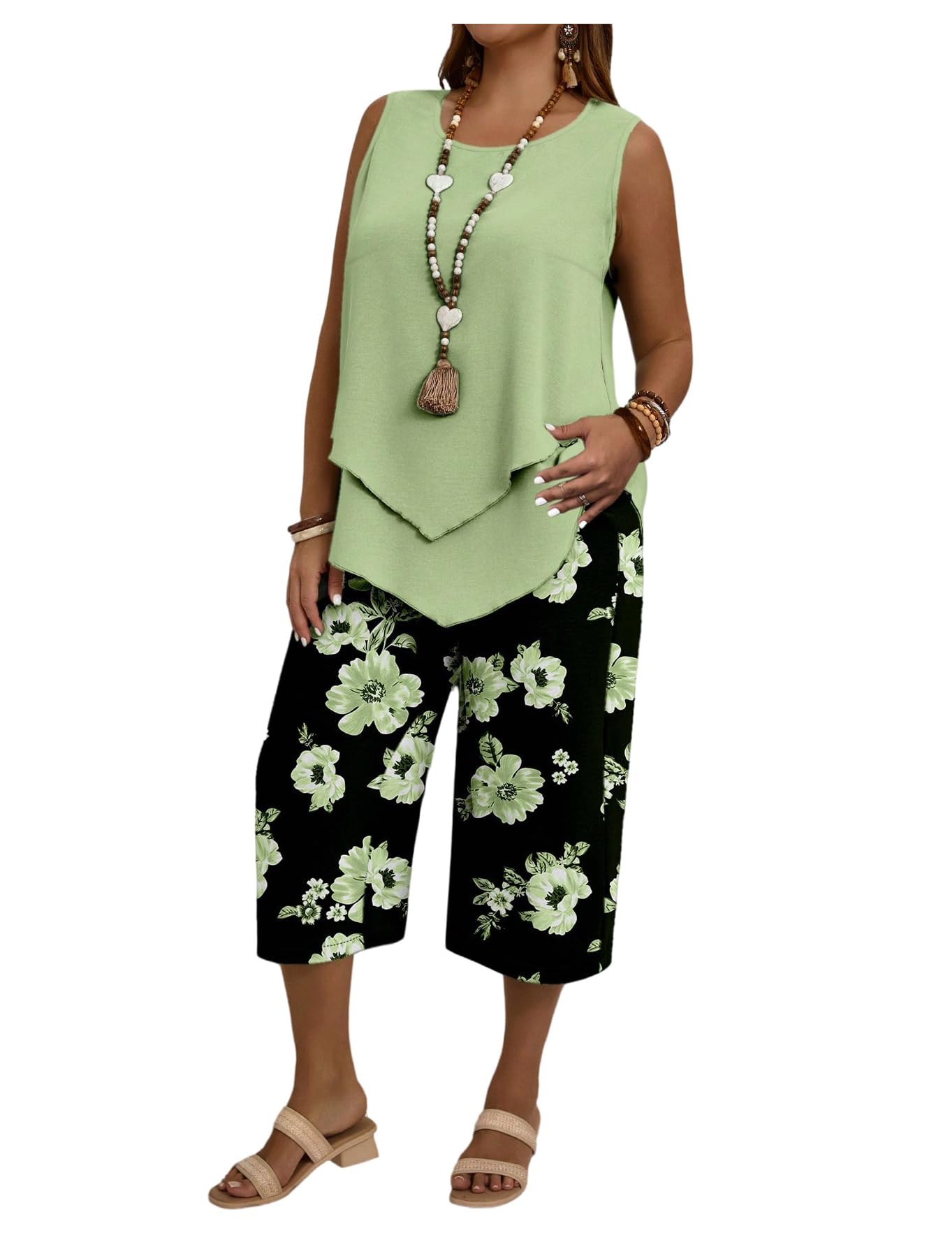 shenhe Women's Plus Size 2 Piece Summer Outfits Crew Neck Tank Top Tunic Shirt and Capri Pants Set-picture-5