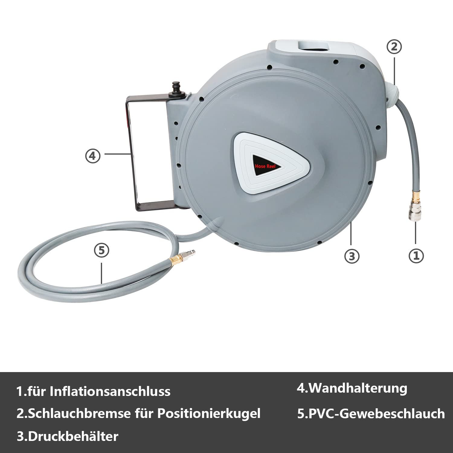 Wąż sprężonego powietrza, 30 m, automatyczne przyłącze 1/4", zwijacz węża, automatyczne zwijanie w zakresie 180°, możliwość oddania dowolnej długości, blokada bębna węża do montażu na ścianie