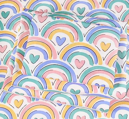 Image of J-pinno Rainbow Heart Colourful Cartoon 100% Cotton 3 Pieces Twin Sheet Set for Kids Girls Boys Children Flat Sheet + Fitted Sheet + Pillowcase Bedding Decoration Gift Set (Love Rainbow, Twin)