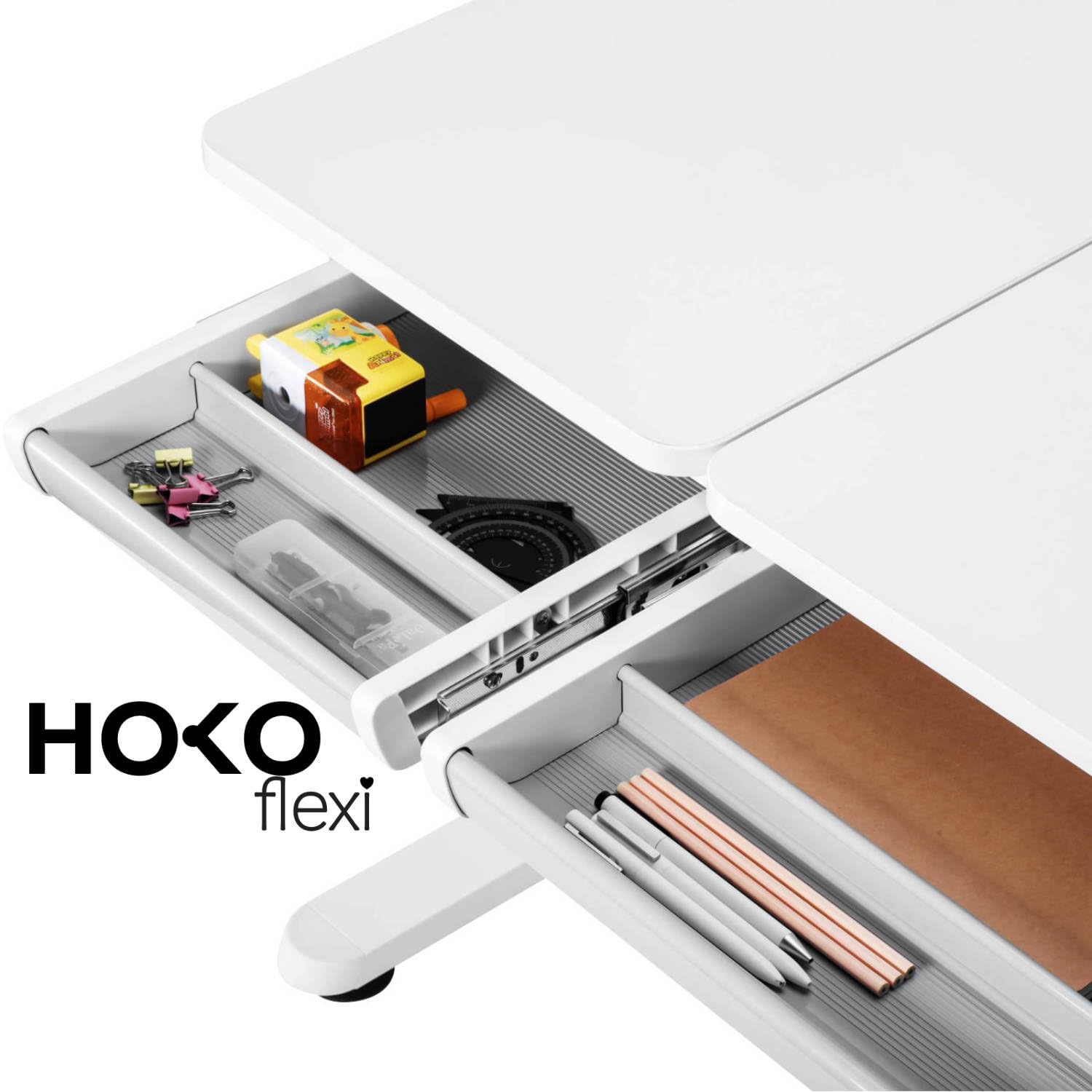 HOKO Kinderschreibtisch höhenverstellbar, Schreibtisch Kinder 120x60 cm | Kinderschreibtische mit 80x40 cm neigbare Tischplatte & Schubladen, Jugendschreibtisch für Kinder ab 6 Jahren, Weiß, ELIN