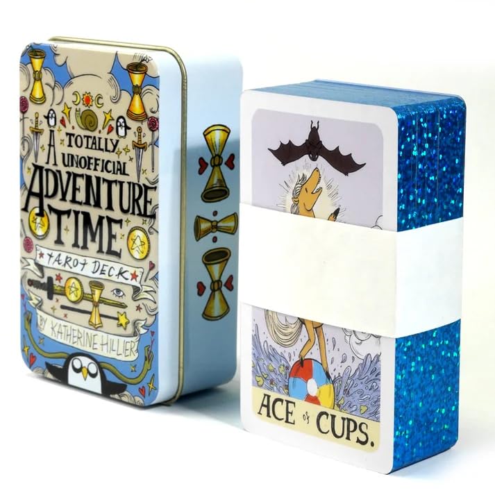 Image of DUNGRANI ENTERPRISE Totally Unofficial Adventure Time Tarot Card Game in A Tin A 78-Card Deck with Guidebook Gilded Golden (Limited Edition) 400 GSM Gold Core Cardstock for Adults