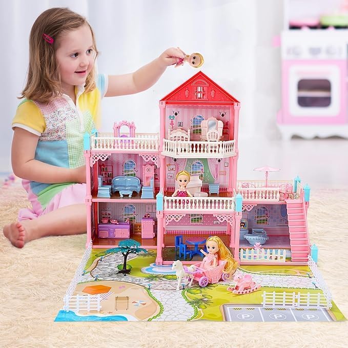 Pihura Dollhouse Building Toys, Playset with LED Lights, Movable Slides, Stairs, Furniture, Accessories, Dolls and Pets, Cottage Pretend Play House, DIY Creative Gift for Girls Toddlers (Medium) 2