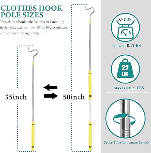 Miniatura 2 de Poste de gancho para ropa, gancho de alcance para colgar ropa, luz y plantas extensibles de 35 a 50 pulgadas, hecho de tubo de acero inoxidable con