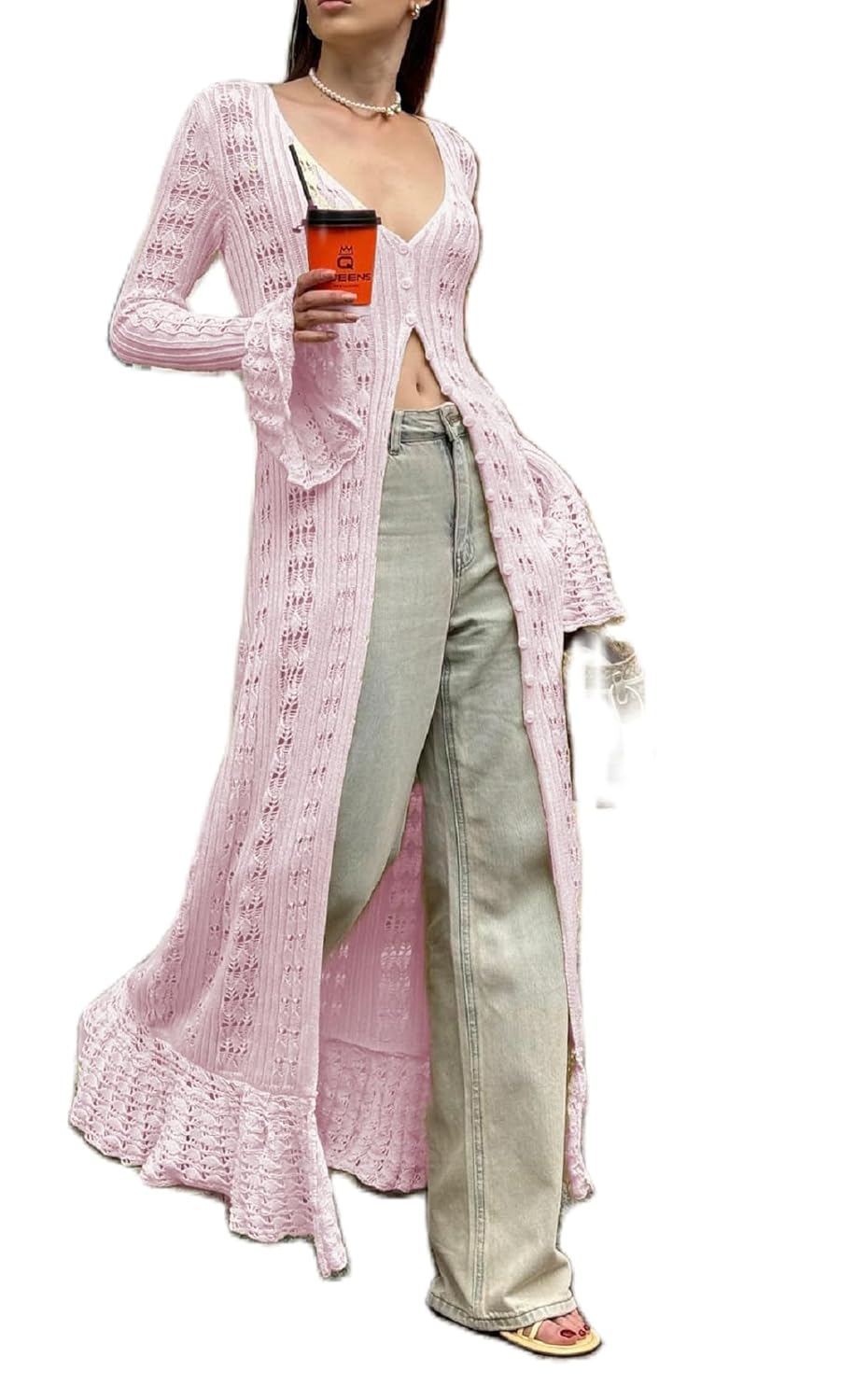 Hollow Out Ruffle Long Cardigan for Women Crochet Flare Long Sleeve Button Up Knit Sweater Cover Up Beach