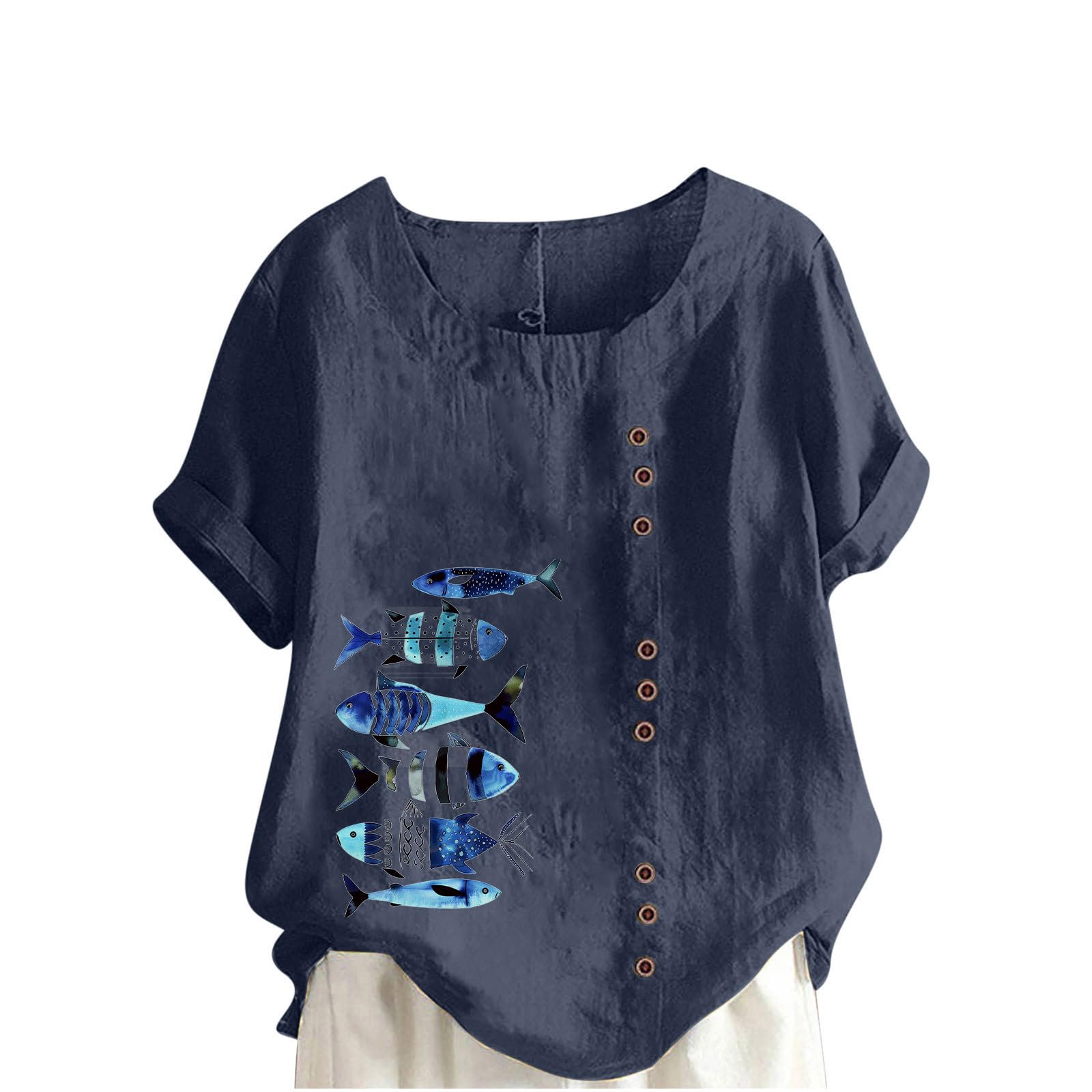 NUSGEAR Camiseta de Manga Corta Lino Mujer Botones Camisa Verano Moda Casual Estampado Cómodo Suelto Cuello Redondo Tops T-Shirt Original Basic tee Talla grande Transpirable Blusa Ligero 2024