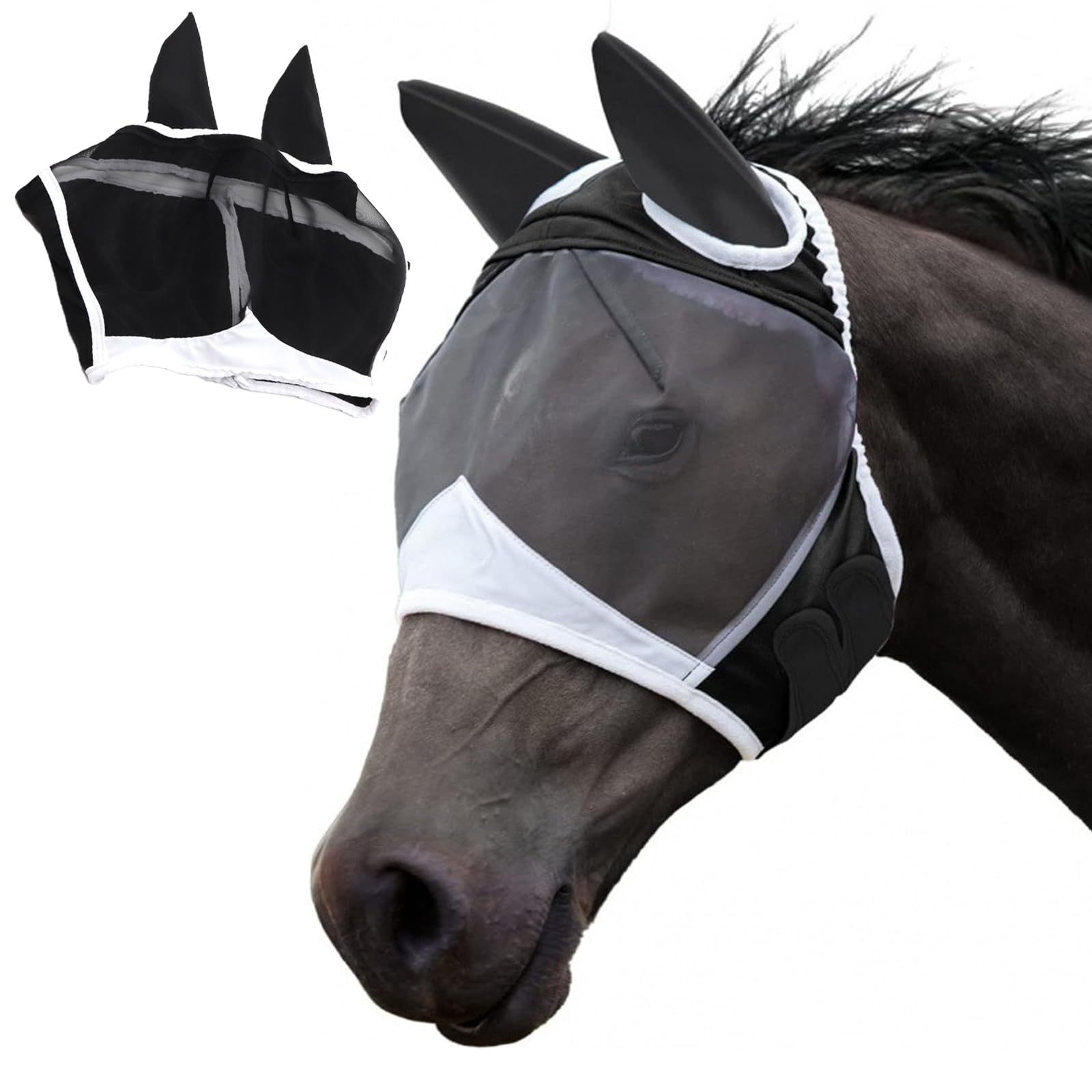Máscara transpirable para moscas de caballo, máscara de mosca de caballo blanco y negro con orejas, tamaño ajustable (L)