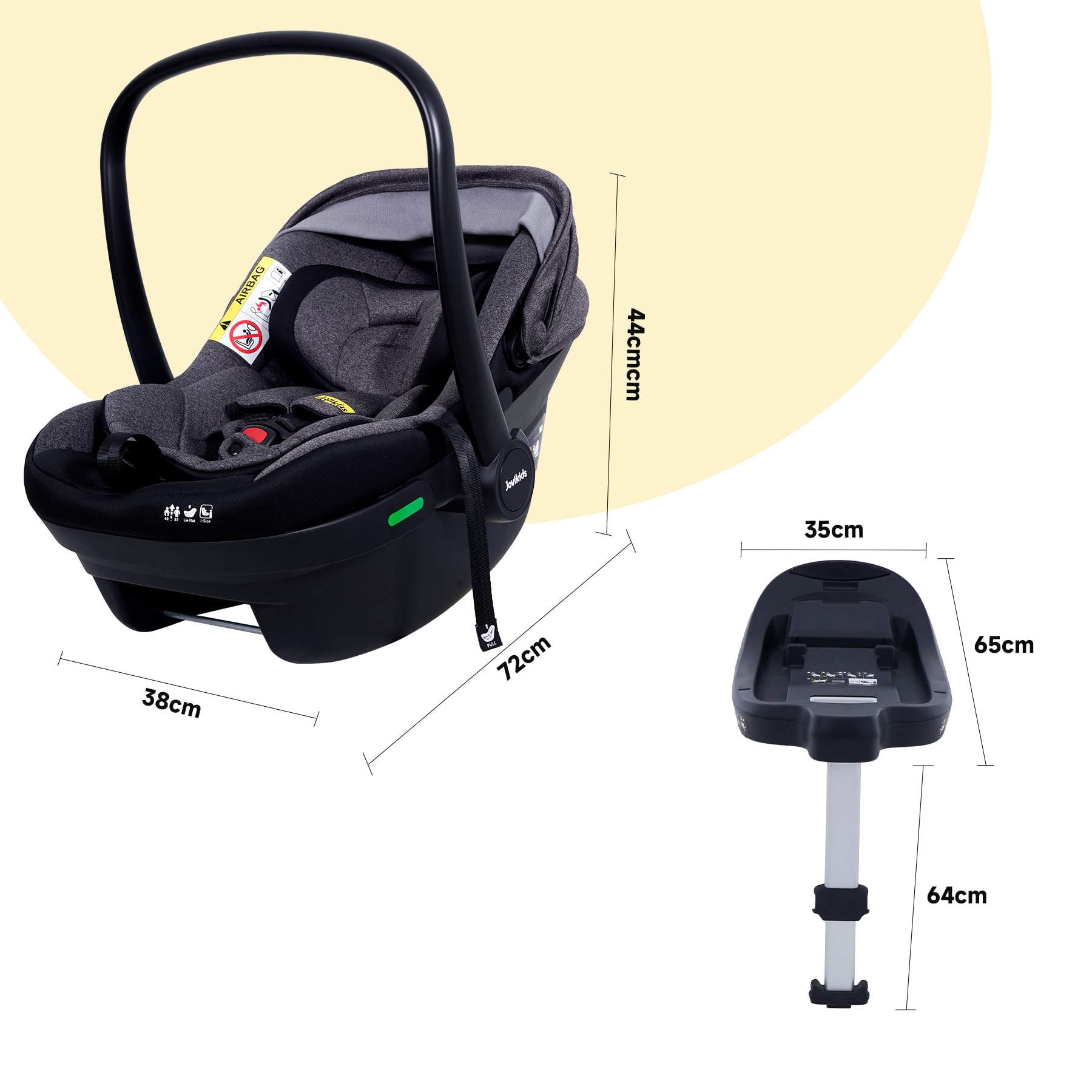 Jovikids Babyschale, Stufenlos verstellbare Liegeposition, Gruppe 0/0+ (40-87 cm) Baby Autositz mit Sonnendach, 3-Punkt-Sicherheitsgurt Seitenschutz