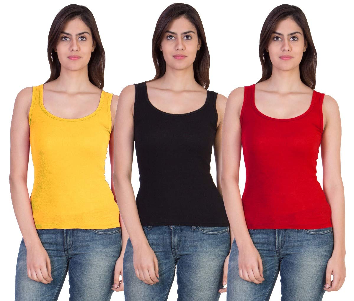 Set of 3 Premium Tank Top Vest Camisole Sando Spaghetti for Women,Girls (Black/Red/Yellow, X-Small)-image-45