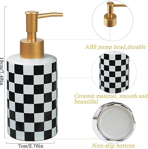 Miniatura 6 de Dispensador de jabón de cerámica a cuadros blanco y negro, plato de loción líquida, dispensador de jabón de tablero de ajedrez, botella con bomba