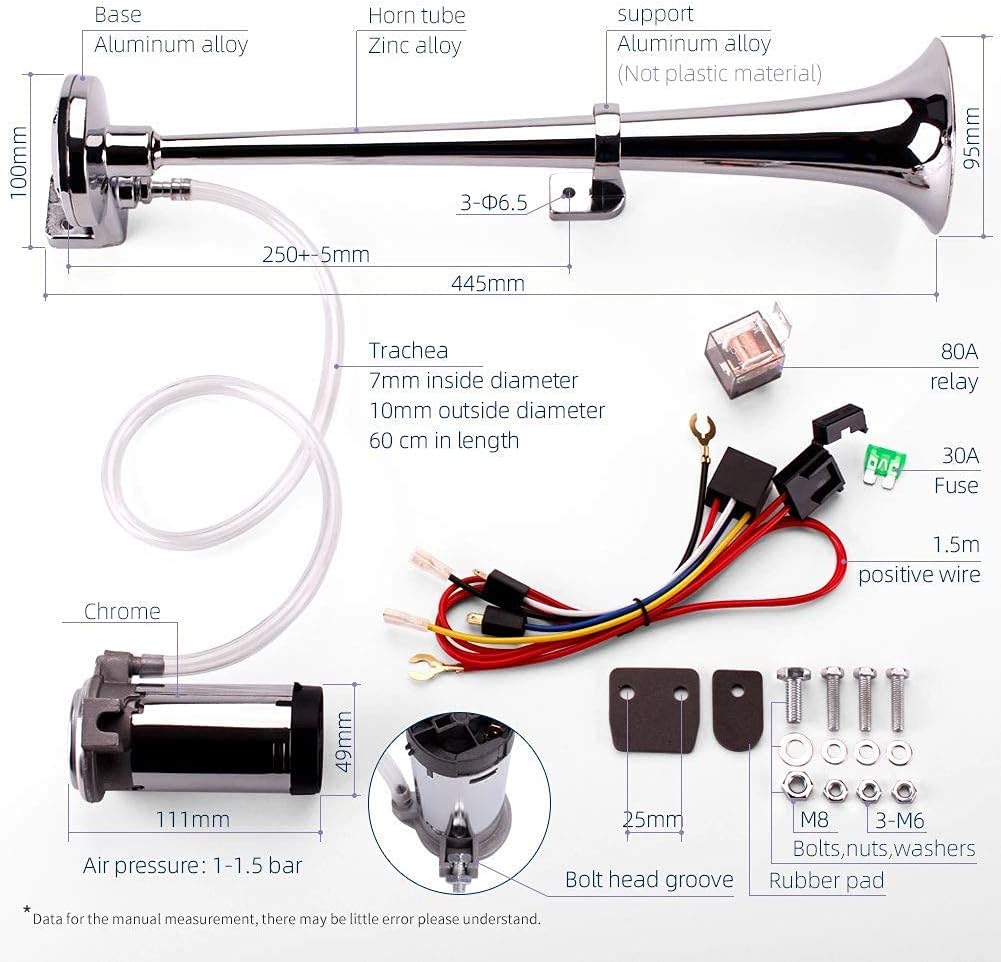 FARBIN 12V 150db Air Horn kit, Super Loud 18 Inches Chrome Zinc Single Trumpet Truck Air Horn with Compressor and Wire harness for Chevrolet series (12V, Single air horn)