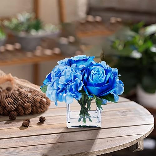 Miniatura 6 de ENOVA FLORAL Pequeñas flores falsas de seda azul con jarrón, arreglo floral artificial de rosas mixtas y hortensias en jarrón con agua sintética