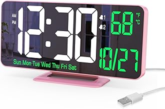 KOSUMOSU Pink Digital Clock 6.7in Desk Clock with Dual Alarm Clock, Dimming, 12/24h, Date, Day of Week, Temp, Digital LED Clock, Alarm Clock for Table, Digital Calendar Table Clocks for Bedrooms