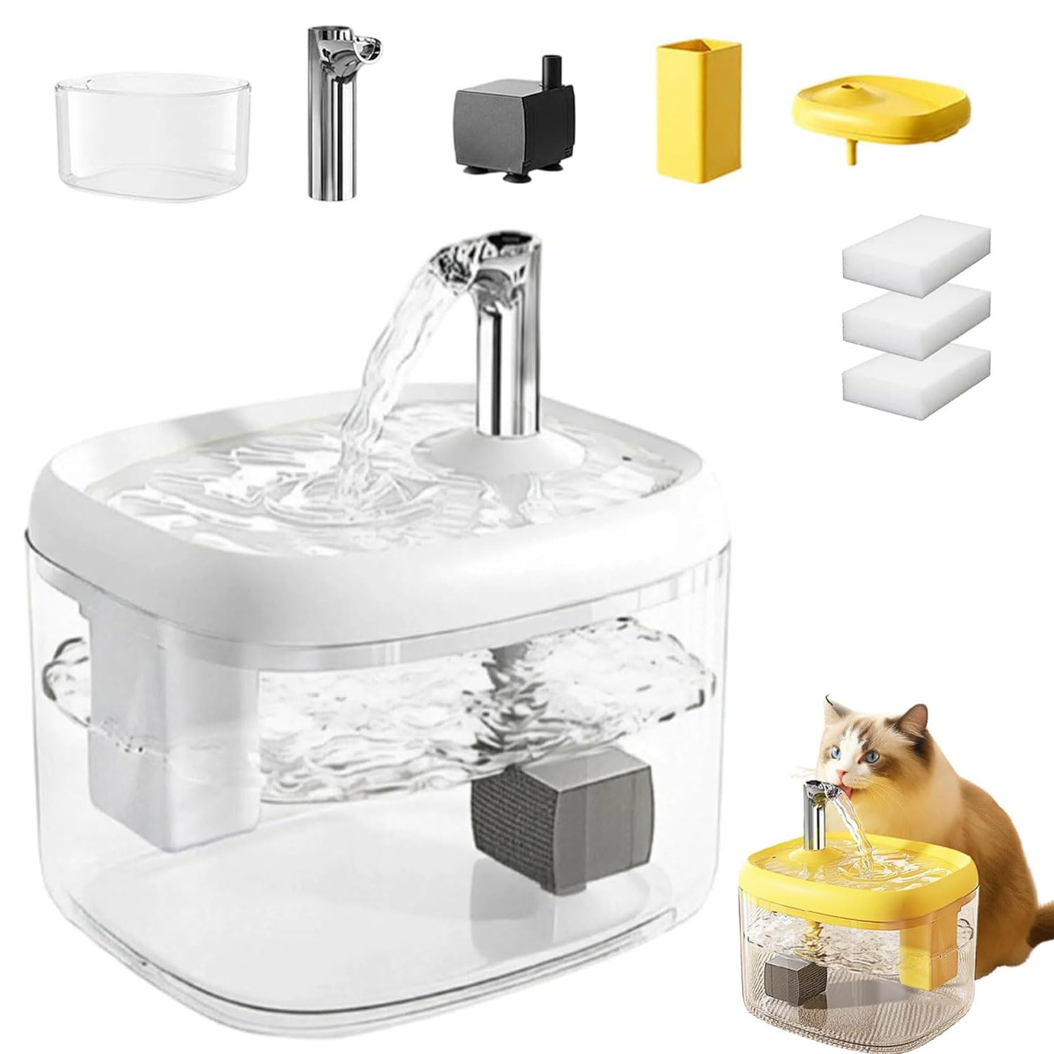 Flowing Pet Water Fountain, Silent Pet Drinking Dispenser with Food-Grade PET Bowl, Cat Water Fountain for Drinking, 1.5L Automatic Pet Water Dispenser with 3 Filters for Cats and Small Dogs (White)