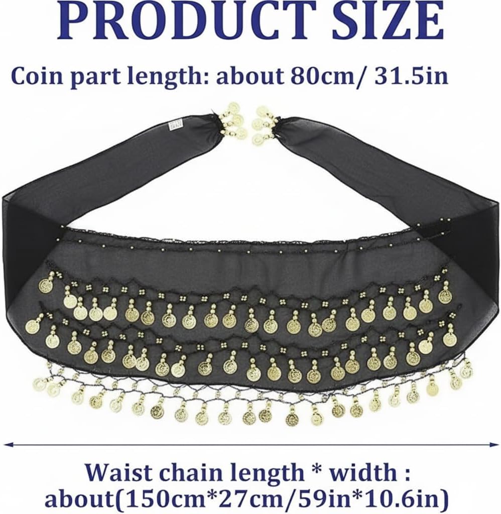 Belly Dance Hip Scarf Women Genie Skirt for Dancing Dancer Coin Wrap Belt Coins with Sequins(Black ) - Image 4