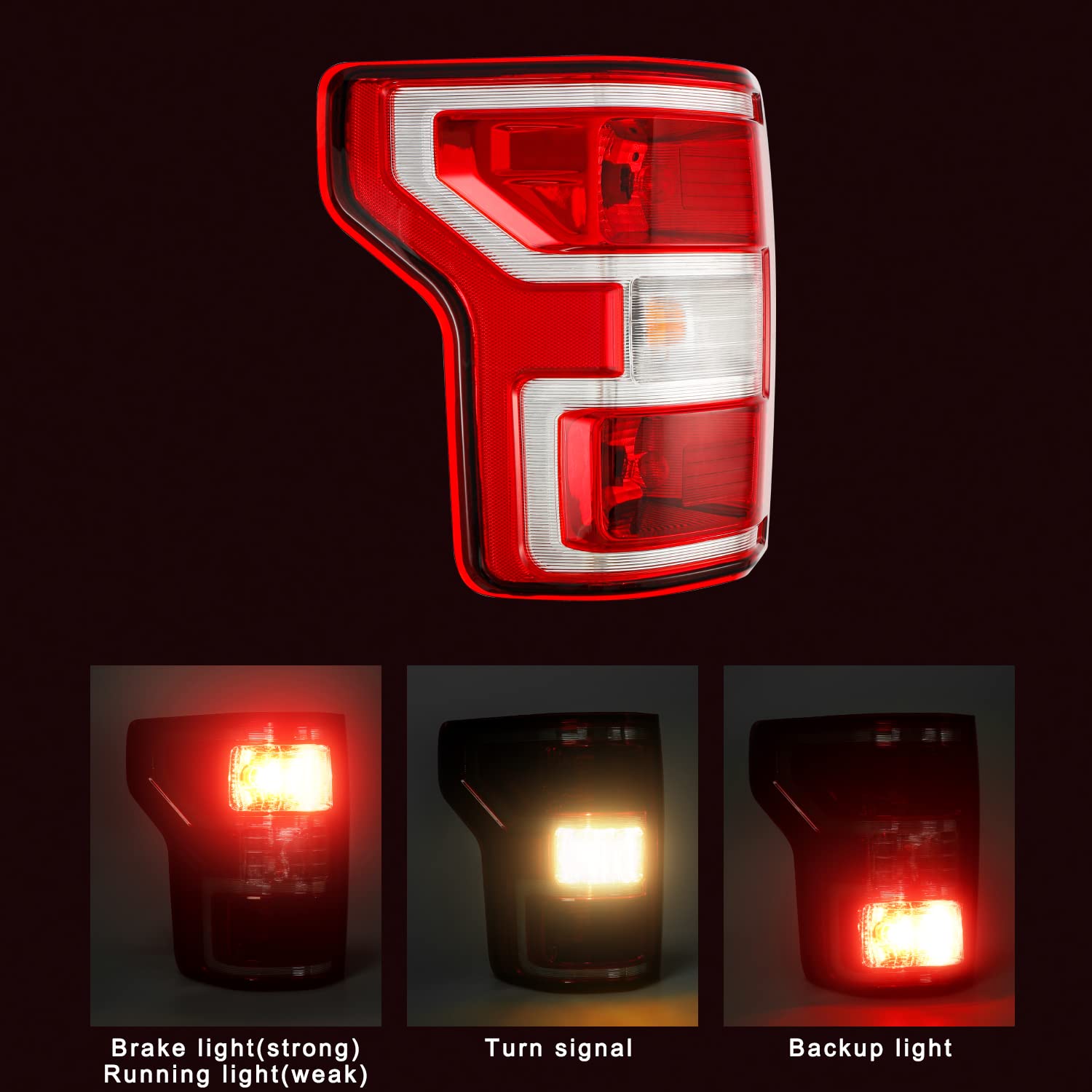 GORWARE Brake Tail Light Rear Lamp TailLight Assembly Compatible With 2018 2019 2020 Ford F150 F-150 Pickup Replacement OE Style Red Lens Housing - Driver Side/LH