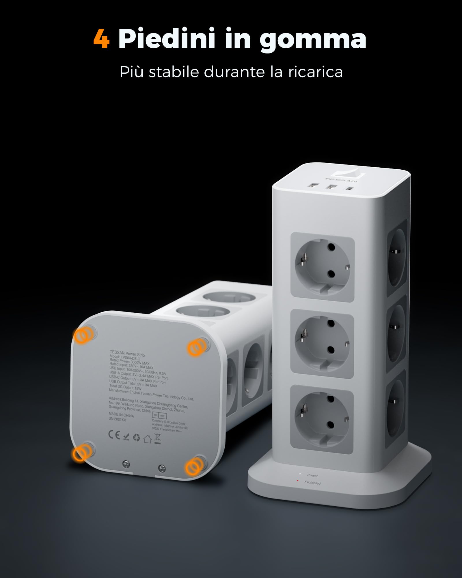 TESSAN 12 Prese Ciabatta Multipresa con USB, Multipresa Elettrica con Cavo 5M, Torretta Presa con USB C, Ciabatta Elettrica con Protezione Sovratensione