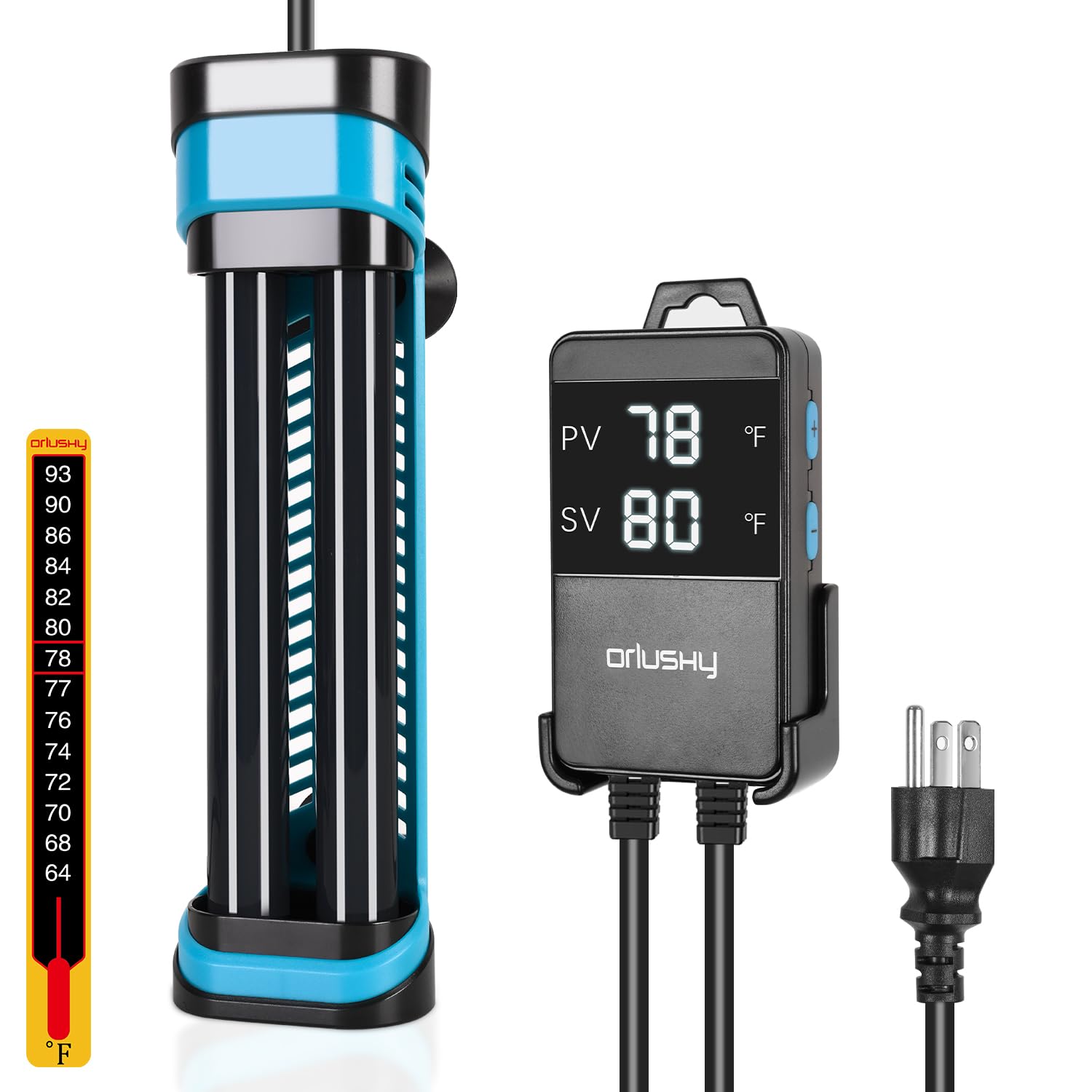 Orlushy Calentador sumergible de acuario de 800 W, calentador de pecera ajustable con controlador externo de pantalla digital, protección contra sobrecalentamiento y termómetro gratuito para tanque de