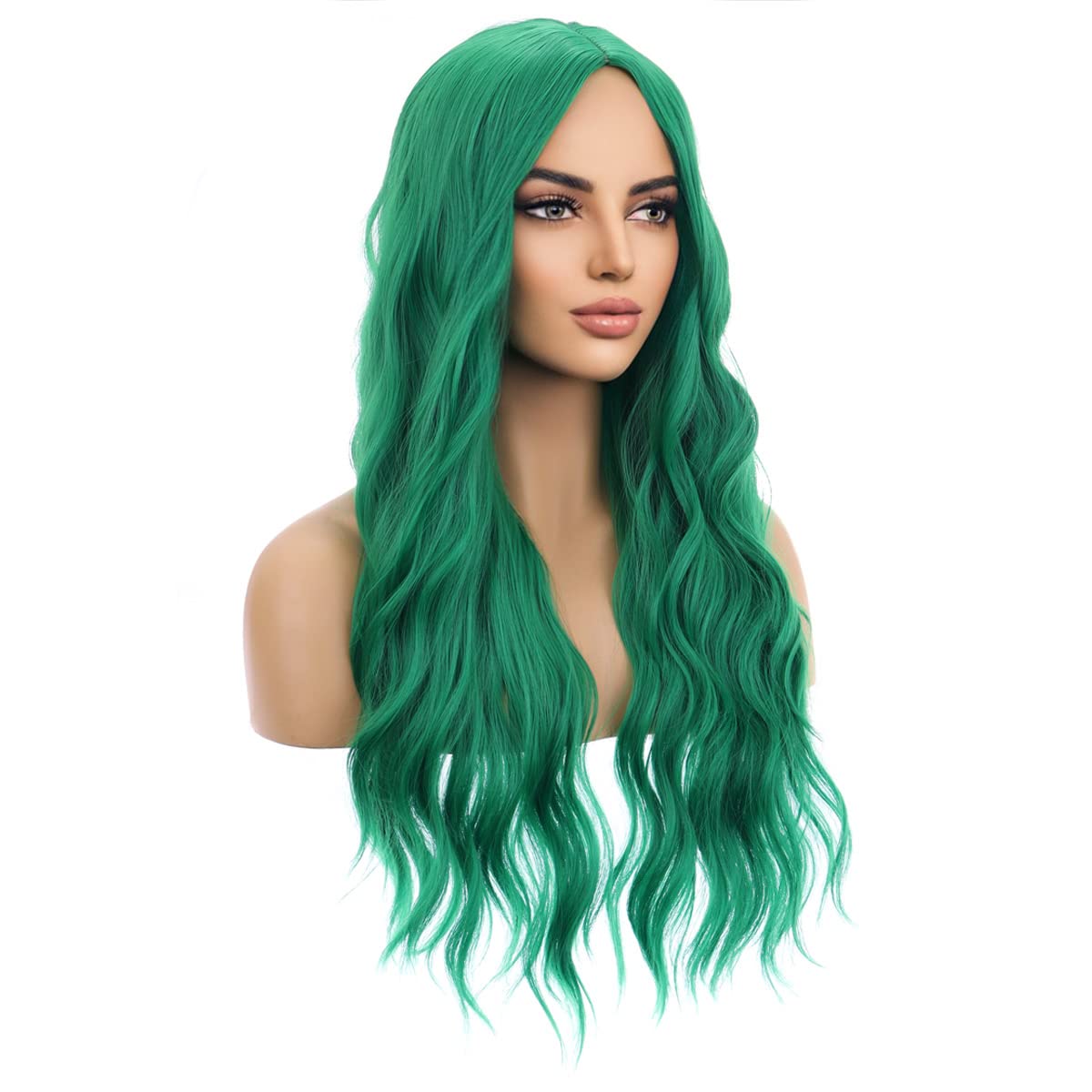 MAGQOO Green Wig for Women Girls Long Curly Wavy Emerald Green Wigs Middle Part Heat Resistant Hight Density Synthetic St.Patrick's Day