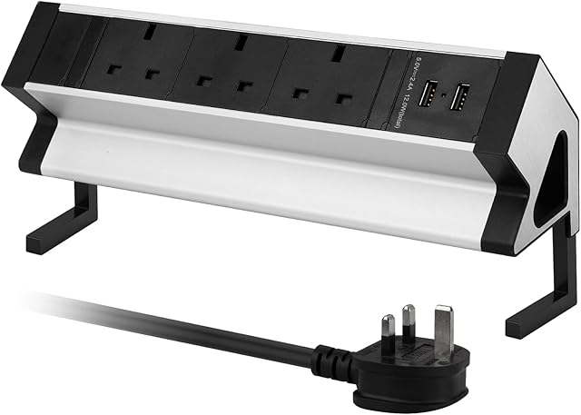 Desk Power Socket Extension Lead with 2 USB, 3 Way Plug Desk Clamp Power Strip, Aluminum Alloy Desktop Mounted Power Extension Connect 1.8M Power Cord for Table Worktop Home Office School 2500W/13A