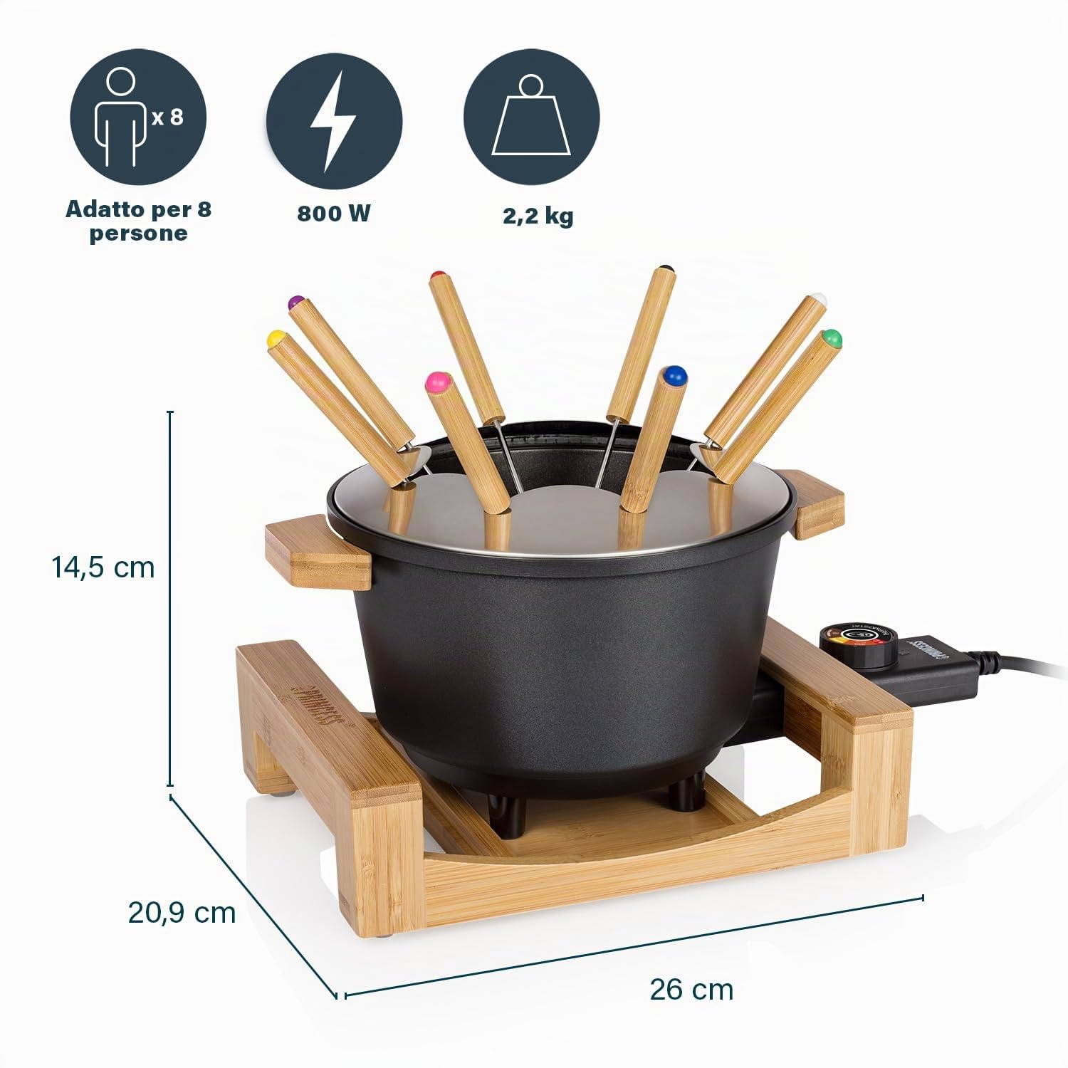 Princess Fonduta Pure Nera 1,5 L 8 forchette Supporto in bambù Rivestimento antiaderente