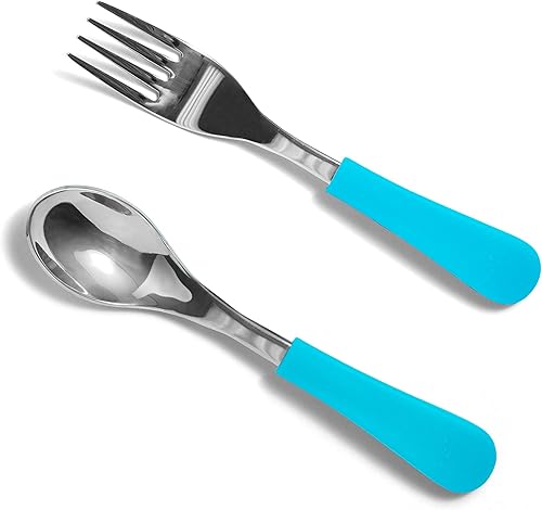 Avanchy Juego de tenedores para bebés, utensilios de acero inoxidable y silicona, cubiertos de destete LED para bebés, cubiertos de cubiertos para