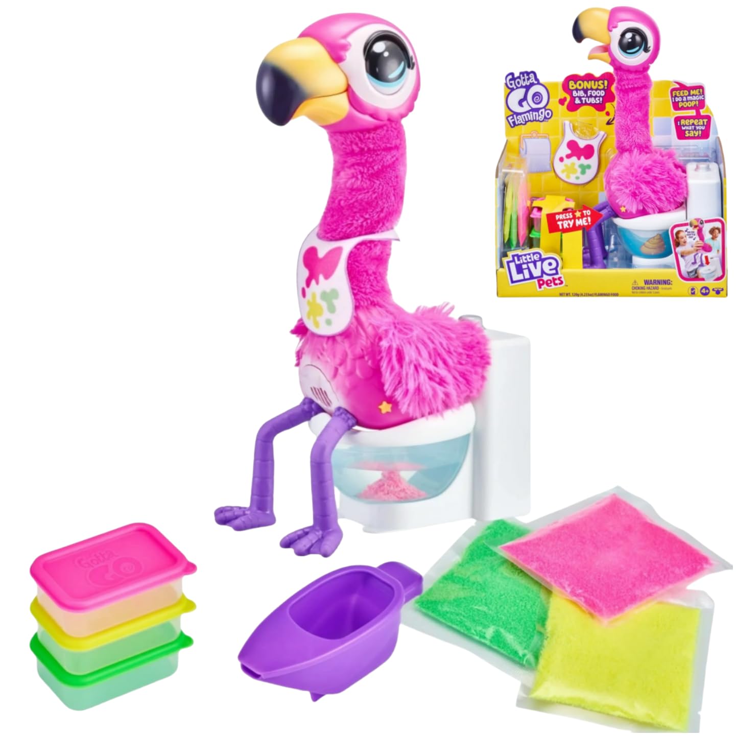Gotta Go Flamingo Sherbet Value Bundle Pack Come with Reusable Food and Storage 8 Piece Set. Feed Sherbert Magic Food and When he Sings he has Gotta go Toilet! He Repeats What You say