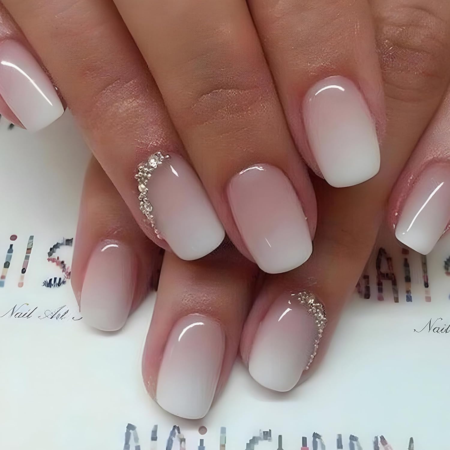 French Tip Fake Nails: 24 Pcs Press on Nails Glitter Rhinestone with Designs - False Pink Nail Square Acrylic - Artificial Nails for Women Girls (Style3, 1)