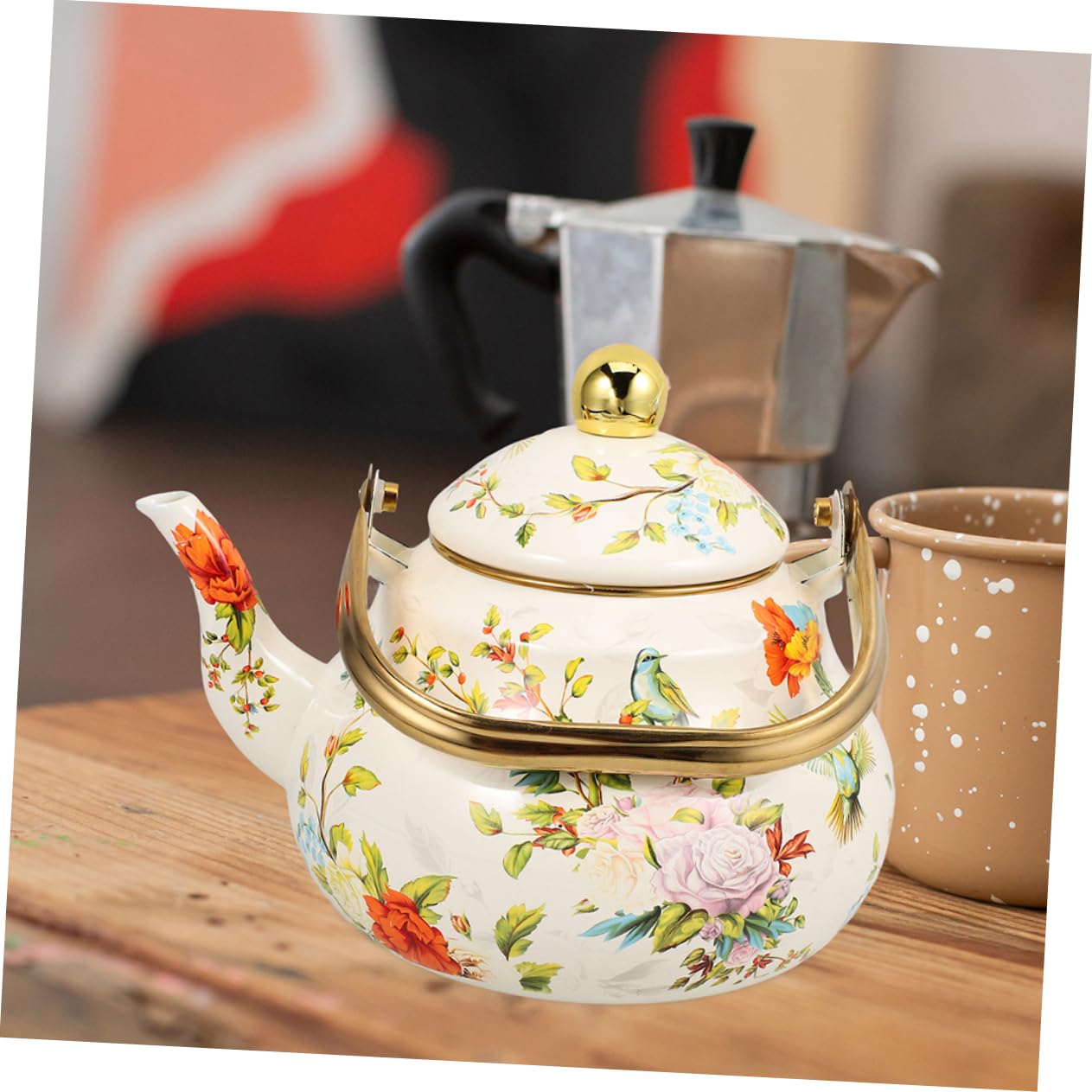 Ciieeo Théière Émaillée 1,5 l Vintage à Motif Floral, Bouilloire En Émail Robuste, Chauffage Rapide, Pour Cuisinière, Usage Domestique Et Voyage