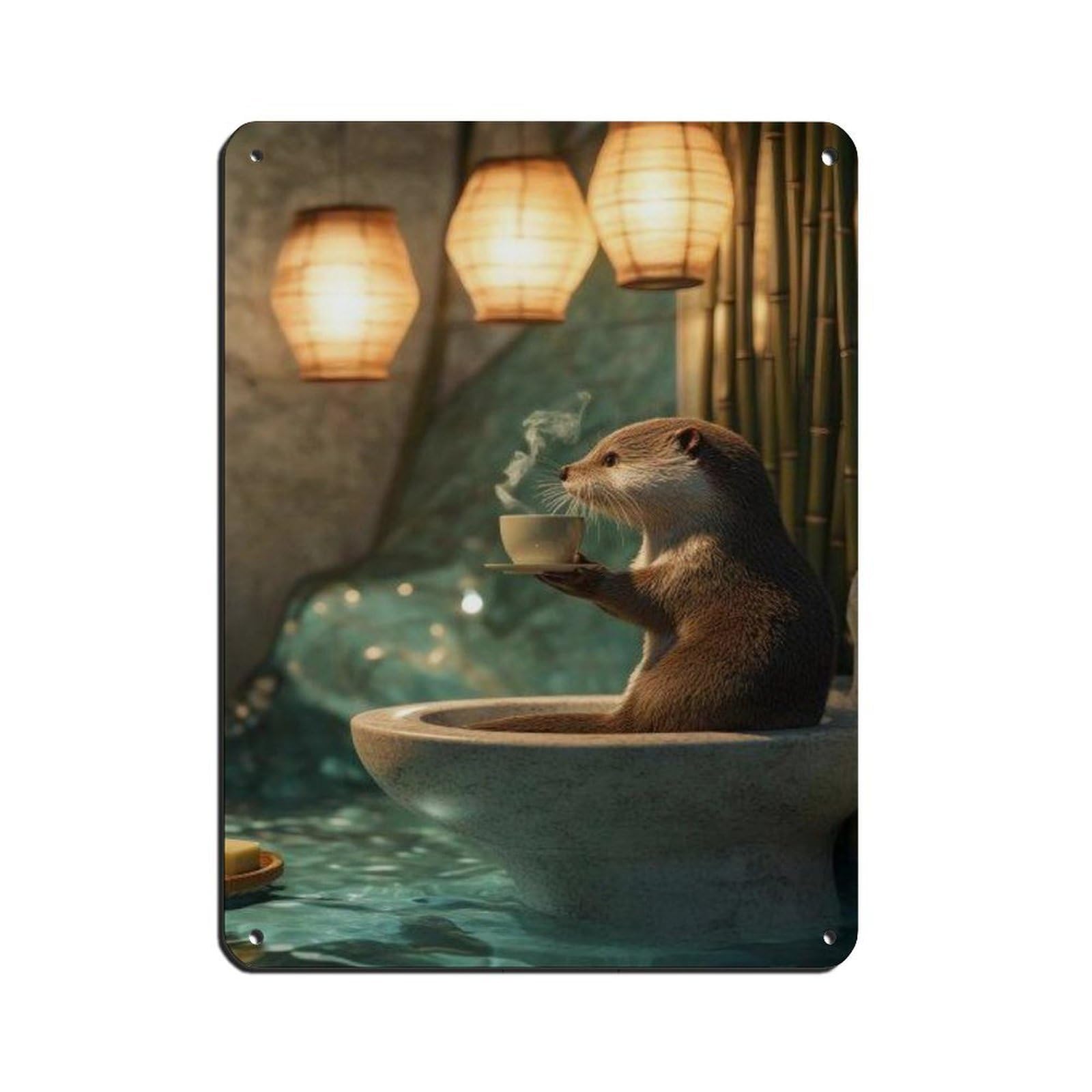 Lxwnze 30L X 40W Cm Relaxing Otter Bathing With Coffee Cup Art Tin Sign Vintage Metal Pub Club Cafe Bar Home Wall Art Decoration Poster Retro 12X16inch(30X40cm)