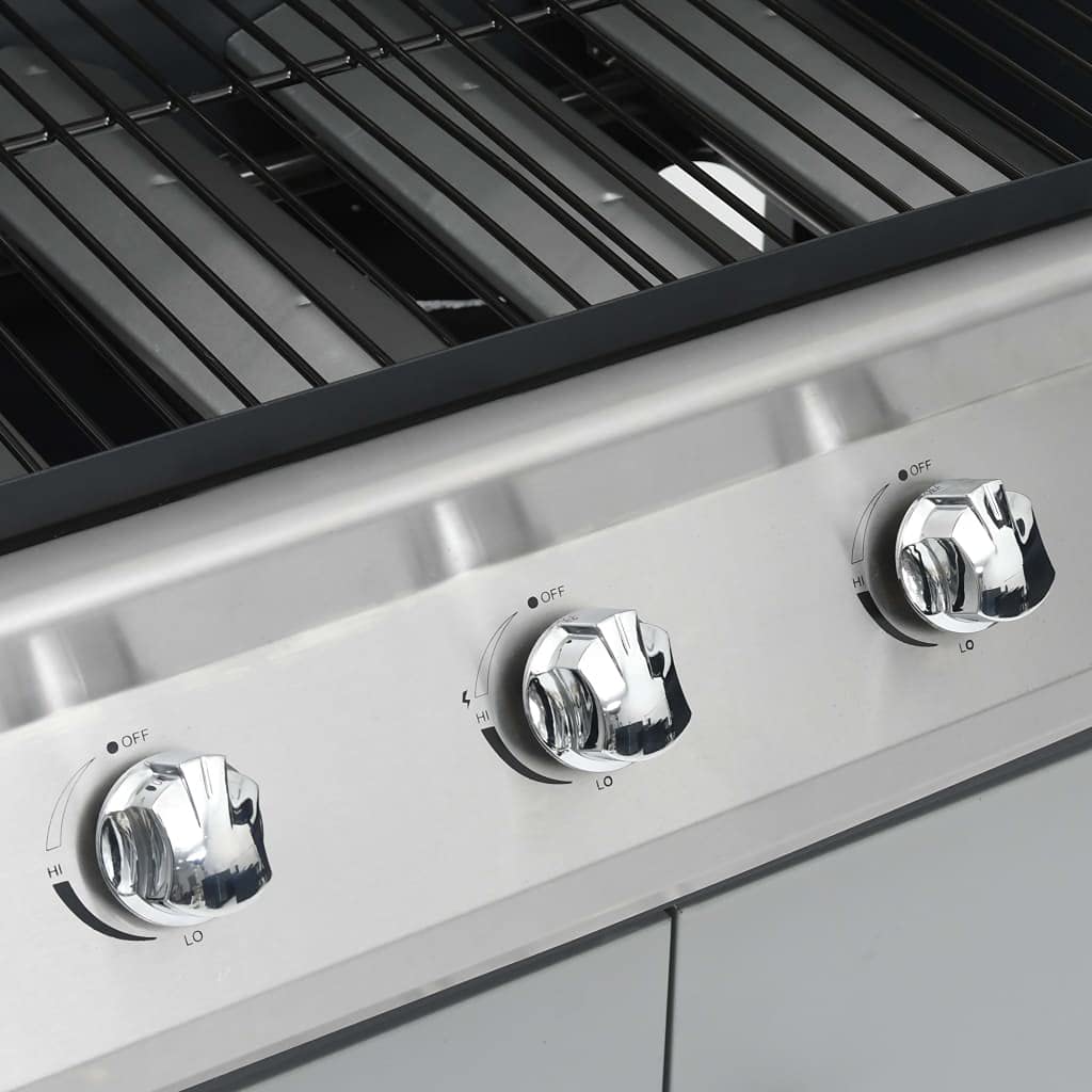 Barbecue a gas 4+1 con fornello laterale e cappa, in acciaio inox, per giardino e terrazza, 13,9 kW, con termometro, nero/argento