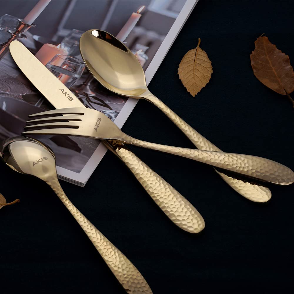 AKIS - Cubertería para 4 personas, 16 piezas, acero inoxidable, color dorado, con cuchillo, tenedor, cuchara, cubiertos de acero inoxidable de alta calidad, aptos para lavavajillas