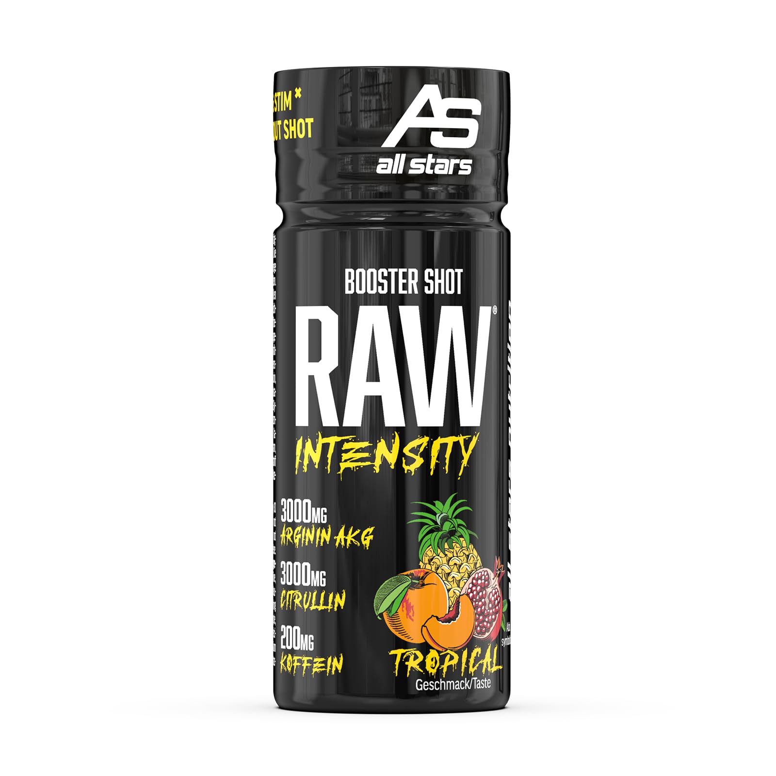 ALL STARS RAW Intensity Pre-Workout Booster Shot 16 x 60ml Tropical | Trainings-Drink mit 200mg Koffein & wertvollen Aminosäuren, enthält 14.600mg BCAAs, fett- und zuckerarm