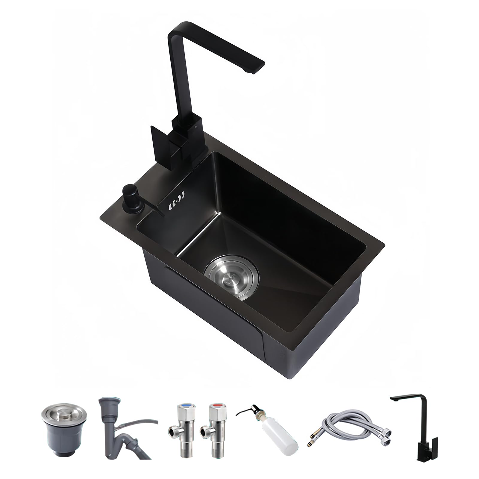 Kferfft Undermount RV Kitchen Sink, 15x13 Inch Stainless Steel Single Bowl Small Sink with Faucet & Accessories, Design for RV Bar (Black, 15"x13.4")