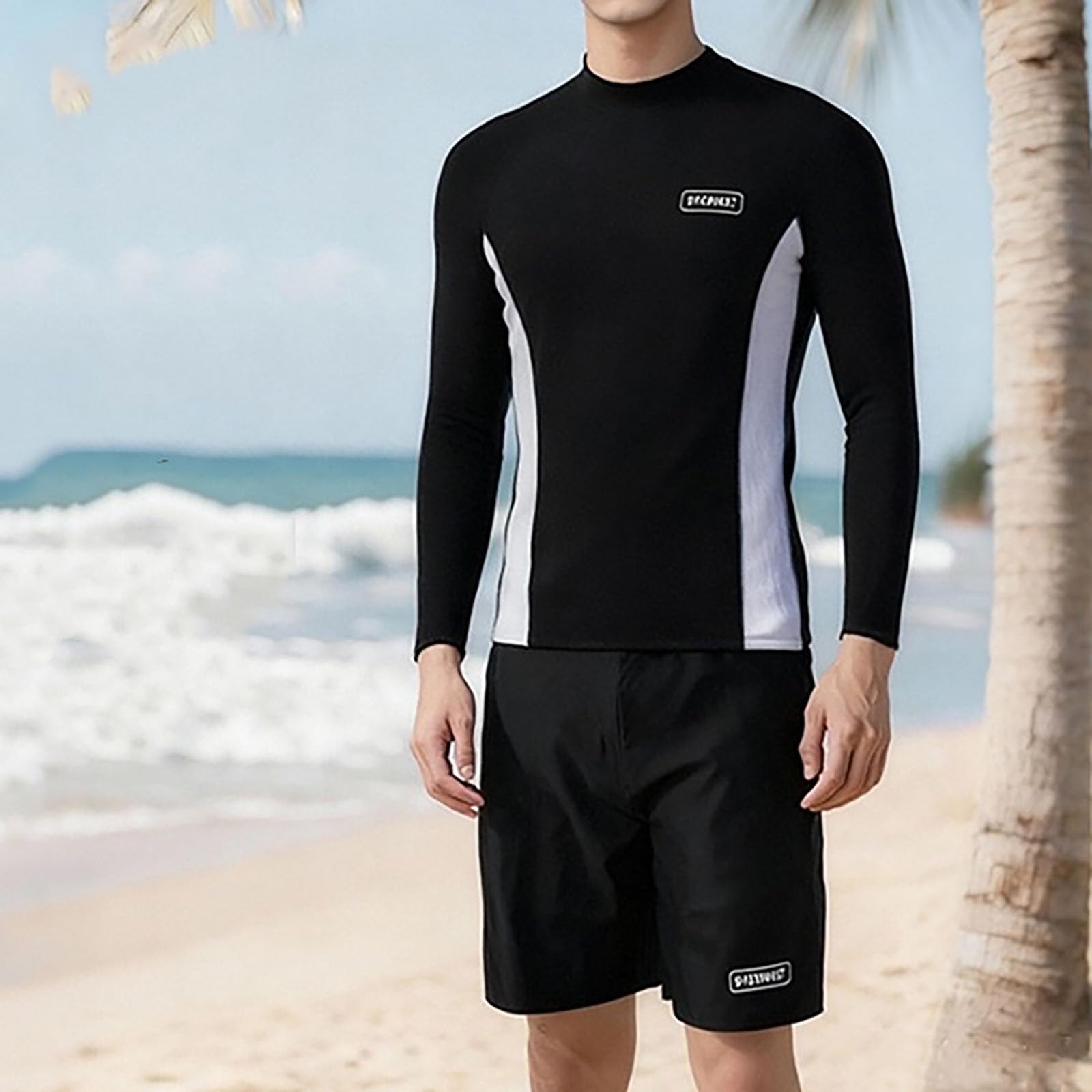 Generico Costumi da Bagno Uomo Rash Guard 3 Pezzi con Maglietta Maniche Lunghe, Pantaloni Lunghi e Corti Muta Nuoto Acque Libere Costume Surf Snorkeling per Estivo Spiaggia Hawaiana Vacanze,