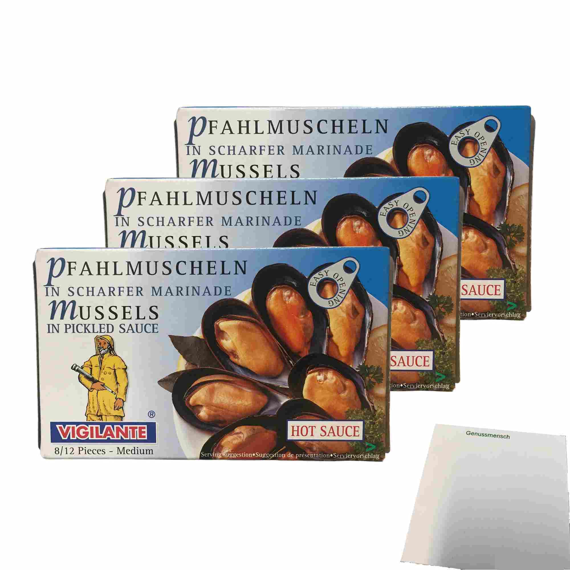 Vigilante Pfahlmuscheln in scharfer Marinade 3er Pack (3x115g Packung) + usy Block