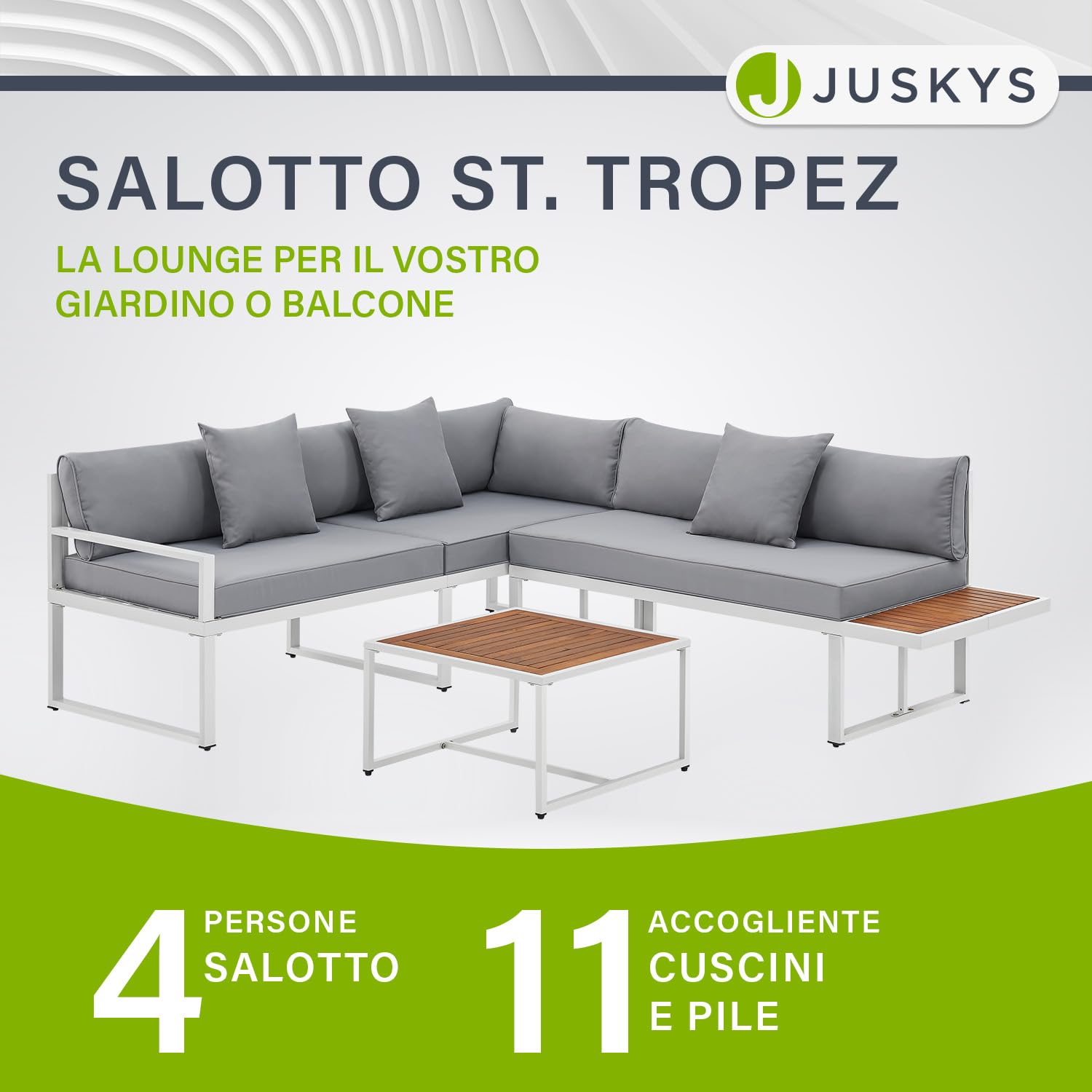 Juskys set di mobili St. Tropez - Per 4 persone - Tavolo, divano angolare e cuscini - Per balcone e giardino - Legno e bianco