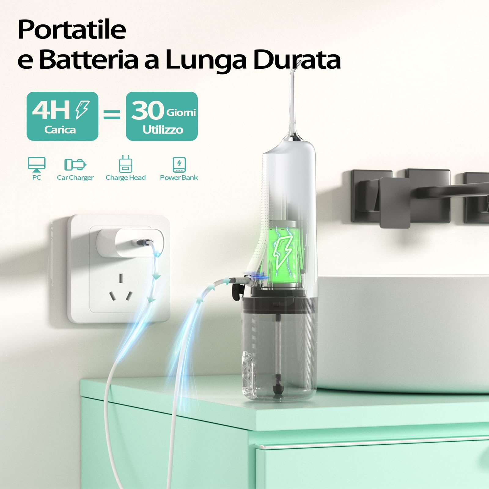 Idropulsore Dentale Portatil, Irrigatore Dentale 4 Modalità e 5 Ugelli Ricambio, Irrigatore Orale per Pulizia Giornaliera e Pulizia Profonda, Water Flosser Adatto per Viaggi e Uso Domestico. Bianco