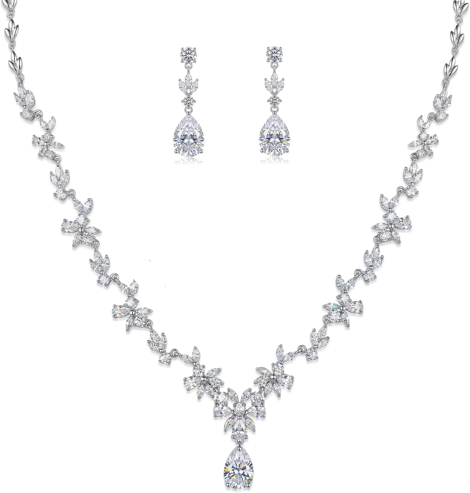 Jewelry Set for Women, Necklace Dangle Earrings Bracelet Set with White AAA Cubic Zirconia, Allergy Free Wedding Party Jewelry for Bridal Bridesmaid