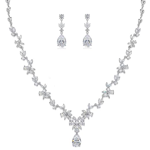 Hadskiss Jewelry Set for Women, Necklace Dangle Earrings Bracelet Set with White AAA Cubic Zirconia, Allergy Free Wedding Party Jewelry for Bridal Bridesmaid