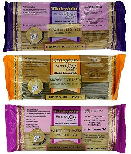 Tinkyada Gluten-Free Rice Spaghetti 3 Flavor Variety Bundle, 1 Each: Brown Rice, Brown Rice Spinach, White Rice (12-16 Ounces)