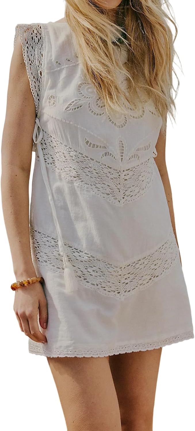 Womens Sleeveless Tie Side Embroidered Mini Dress Y2k Boho Cut Hollow Out Lace Trim Slip Midi Short Dresses Tunic