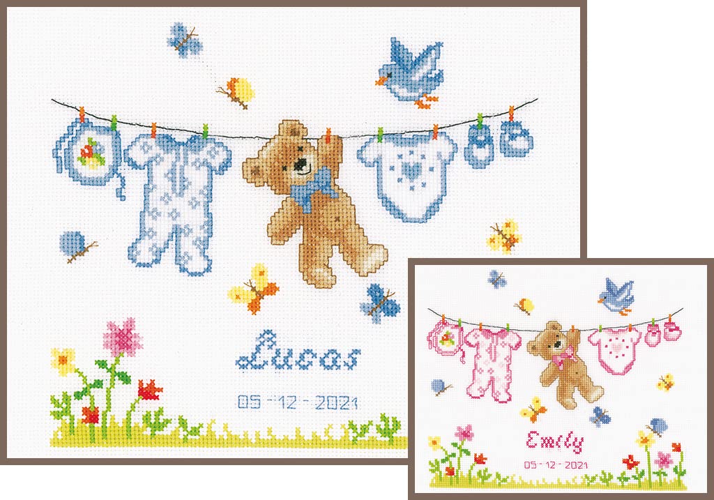 VERVACO Counted Cross Stitch DIY Gift Baby Personalised Birth Bear Complete Embroidery Kit DIY Home Decoration Approx. 22 x 20 cm Cross Stitch, Cotton, Multicoloured
