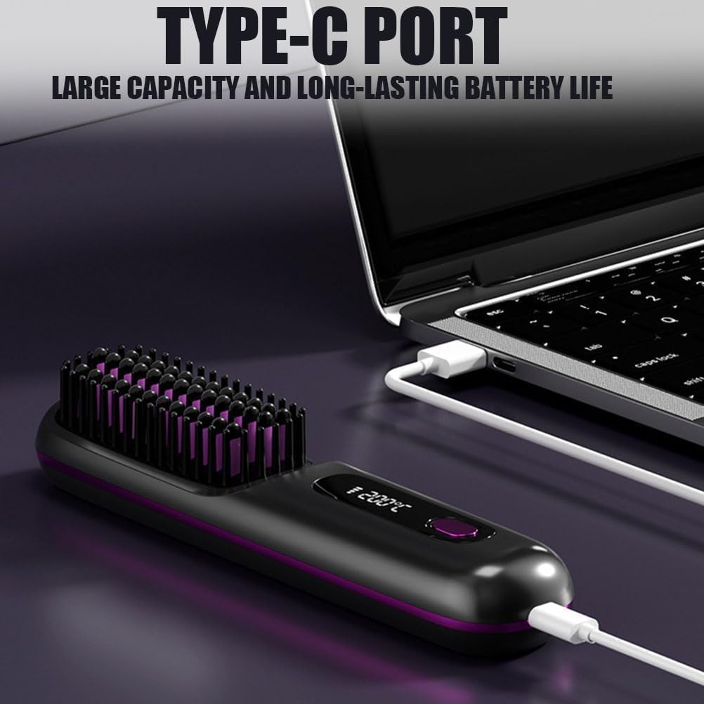 Brosse Chauffante Pour Cheveux Courts, Brush for Short Hair - The Short Hair, with Lcd Temperature Display, Fast Heating Cordless Mini Hair Brushs, for Travel (Purple) - 5