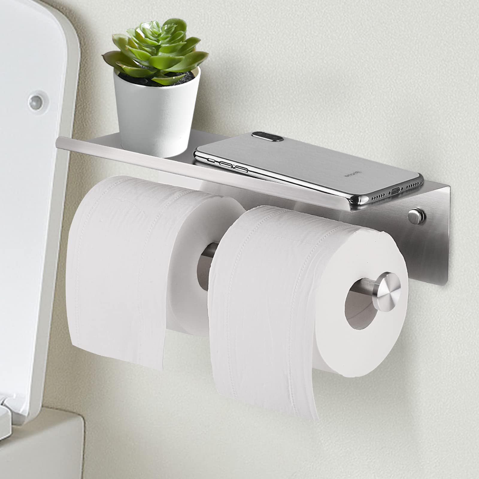 YUMORE Toilet Paper Holder with Shelf, Double Roll Holder, Brushed Nickel — Amazon image 9
