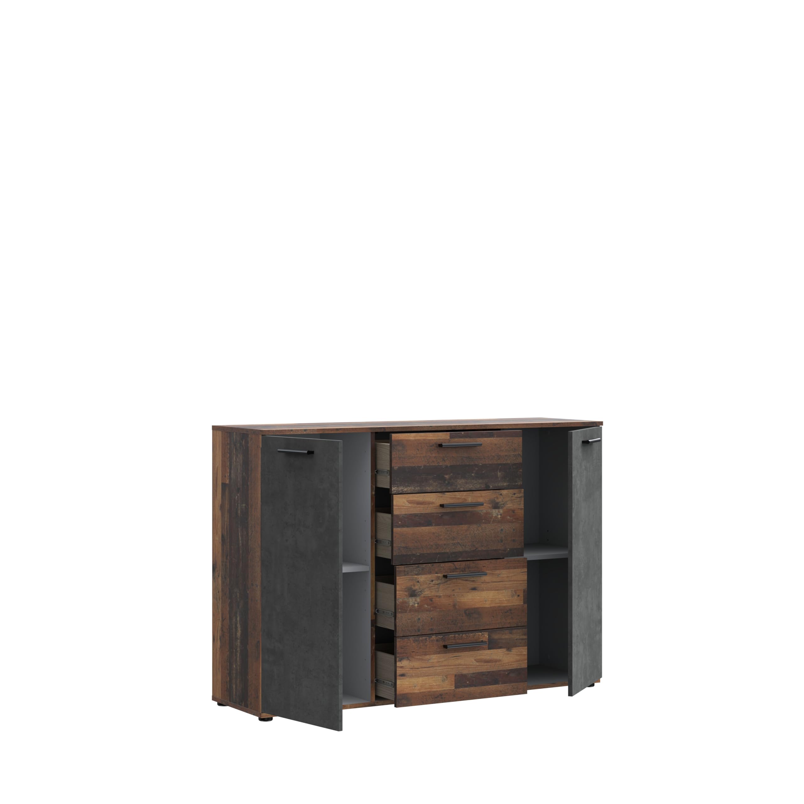 Forte ATTALYAR Kommode mit 4 Schubladen und 2 Türen, Holzwerkstoff, Old – Wood Vintage/Betonoptik Dunkelgrau, B x H x T: 129,6 x 91,3 x 38 cm