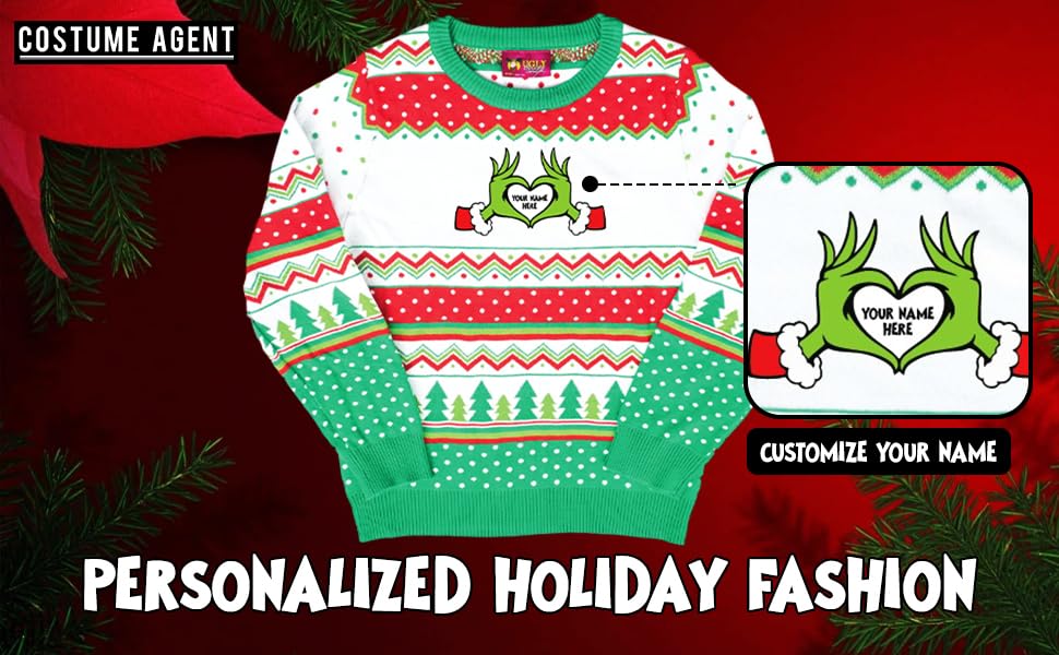 Custom Ugly Christmas Sweater Green Monster Add Your Name Personalized Holiday Season Theme Poly Knitted2