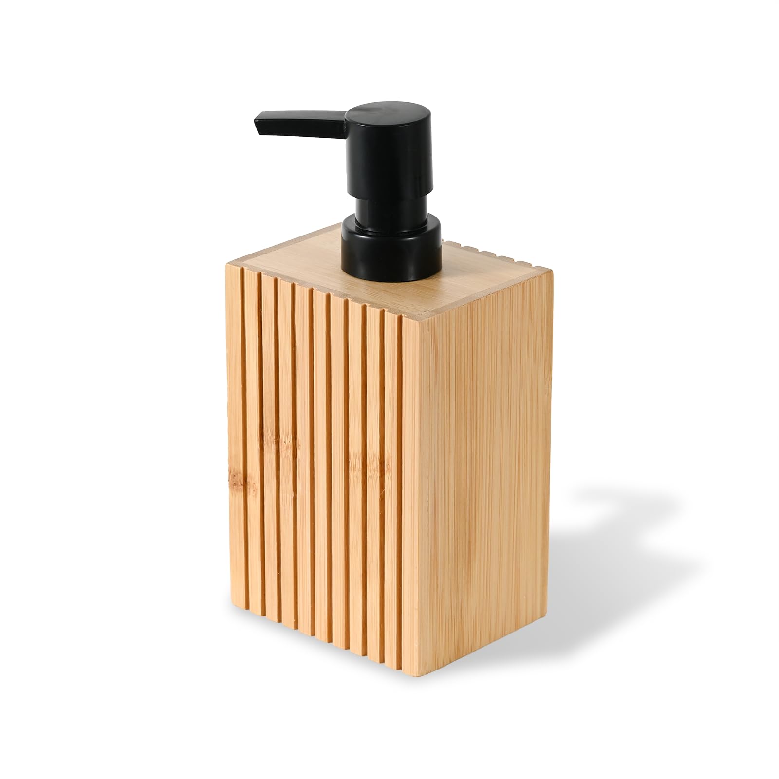 Natural Fluted Bamboo Liquid Soap Dispenser, 10 oz Rectangular Ribbed Refillable Pump for Bathroom or Kitchen Countertop Decor, Natural