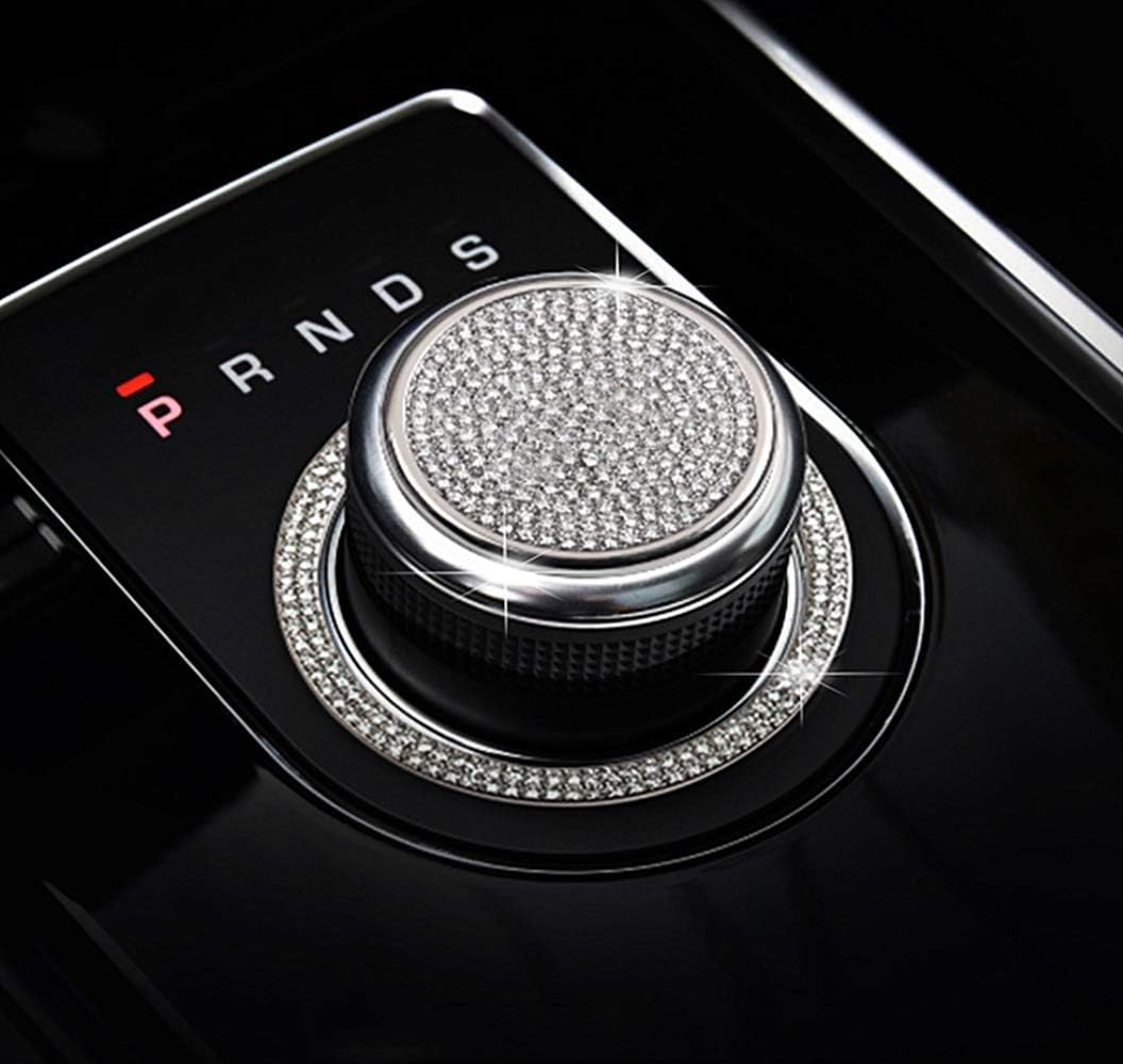 Suitable for Jaguar car XF XE F-PACE Bling Accessories Electronic Parking Button Gear Control Knob 3D Rhinestone Applique Cover Applique Set (Speaker Trim Ring (2 Pieces/Set), Silver)
